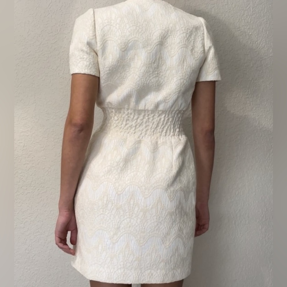 Maje Roxa Jacquard Mini Dress Zip Front Short Sleeve Gathered Waist Ecru Medium - Picture 2 of 16
